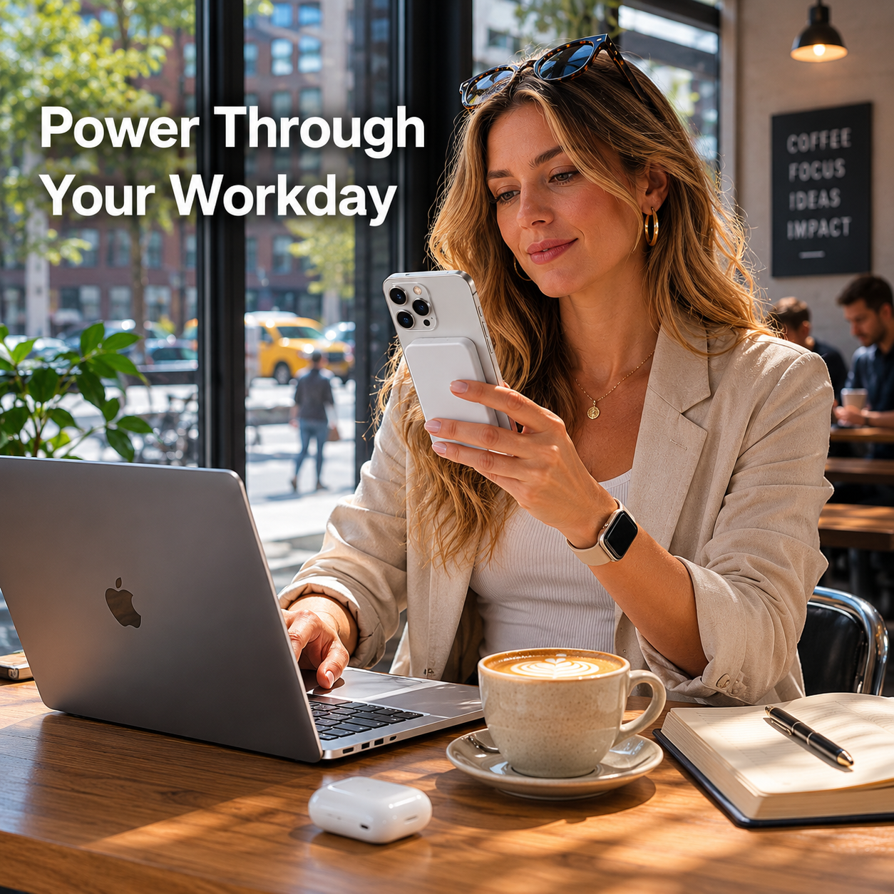 Magnetic Power Bank for iPhone Working at Coffee Shop