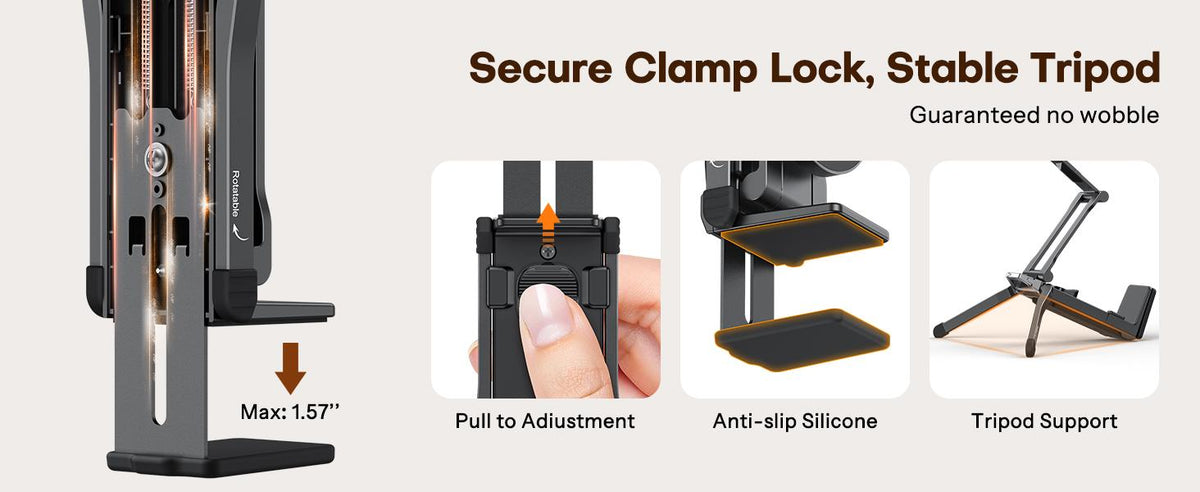 MagSafe phone tripod showcasing secure clamp lock mechanism and stable tripod base structure for desk and table mounting.