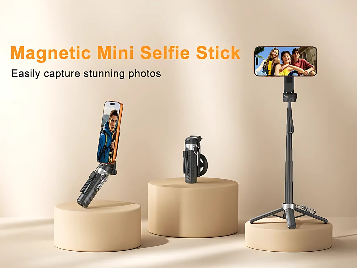 Magnetic mini selfie stick tripod showcasing versatile setups for tabletop video recording and handheld filming.