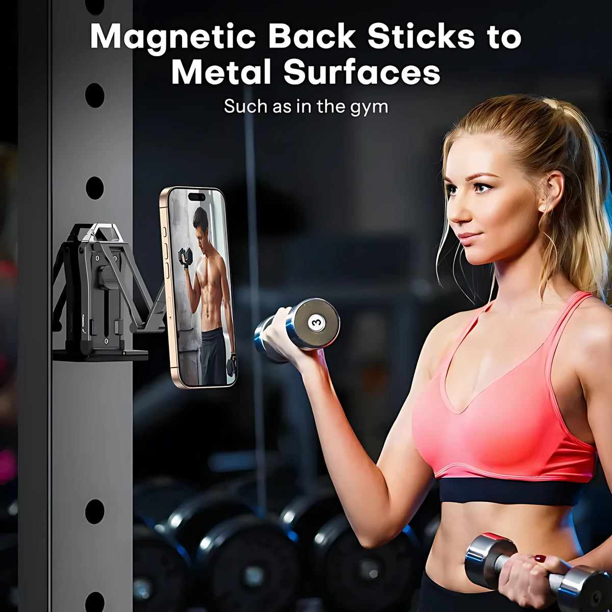 Magnetic phone holder back sticking securely to gym metal equipment while woman exercises with dumbbells.