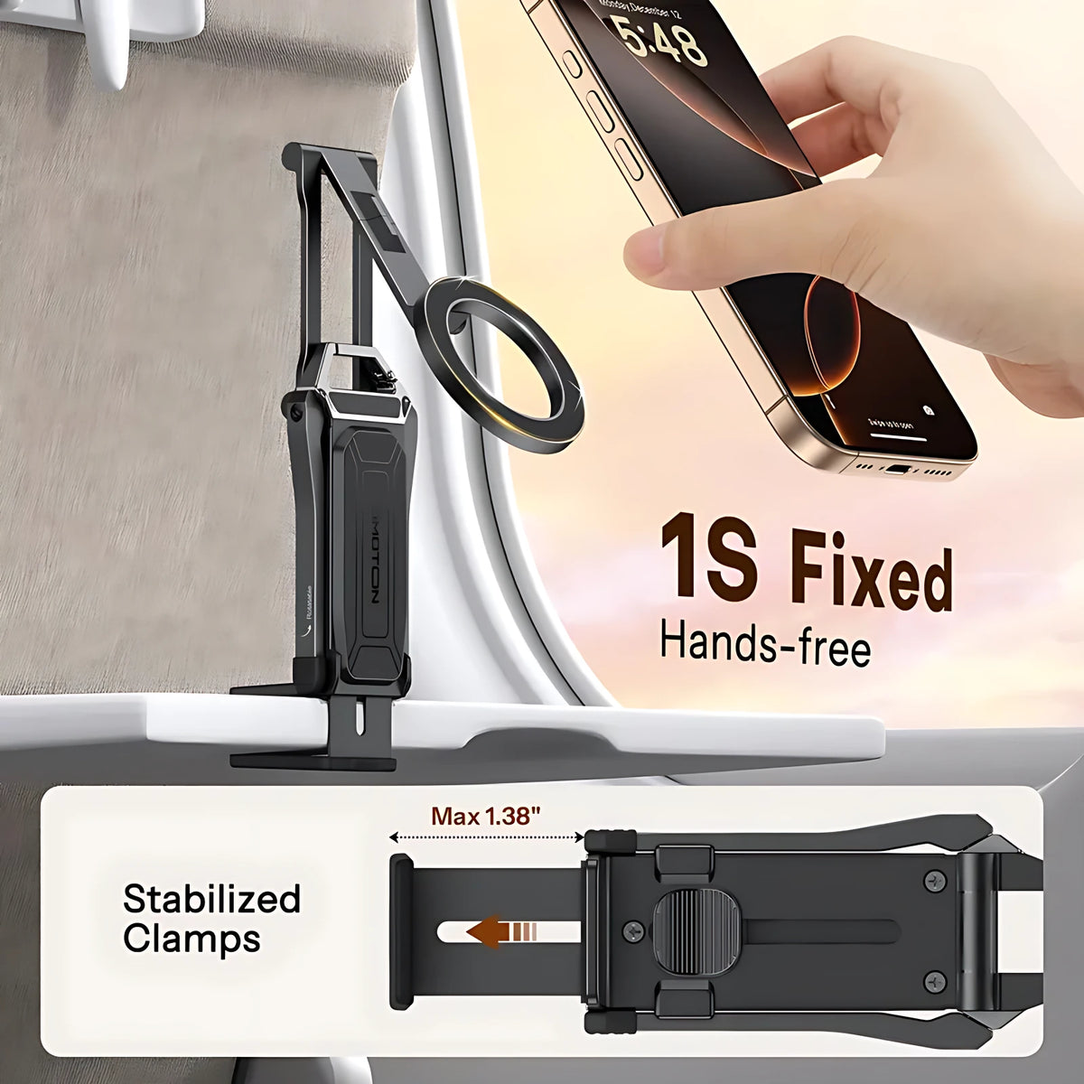Magnetic phone holder with strong clamp mechanism snapping iPhone securely in one second for hands-free viewing.