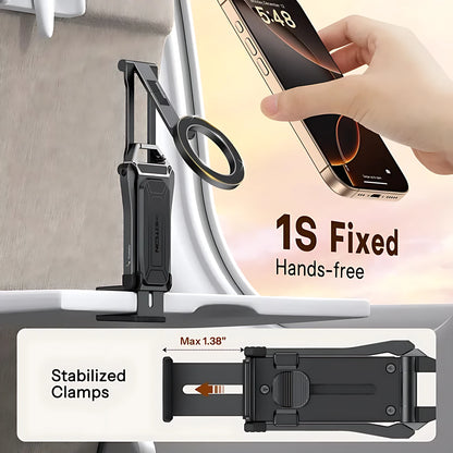 Magnetic phone holder with strong clamp mechanism snapping iPhone securely in one second for hands-free viewing.
