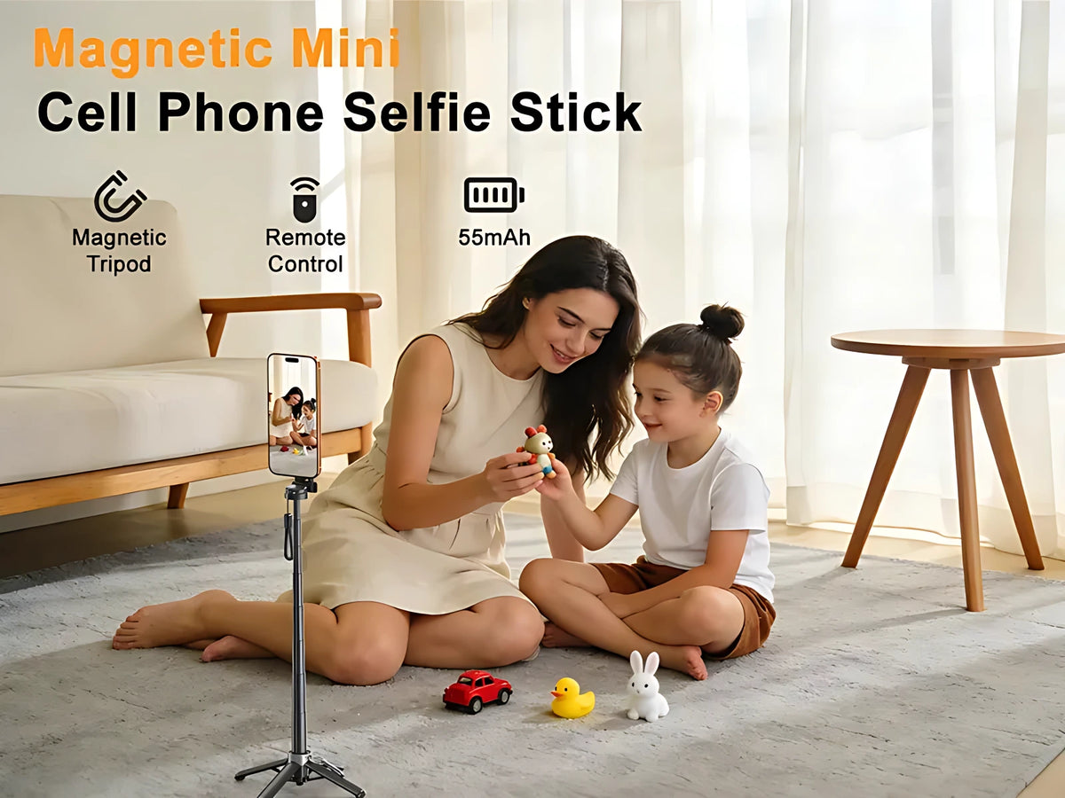 Mother and child recording family moments at home using a floor-standing magnetic mini cell phone selfie stick.