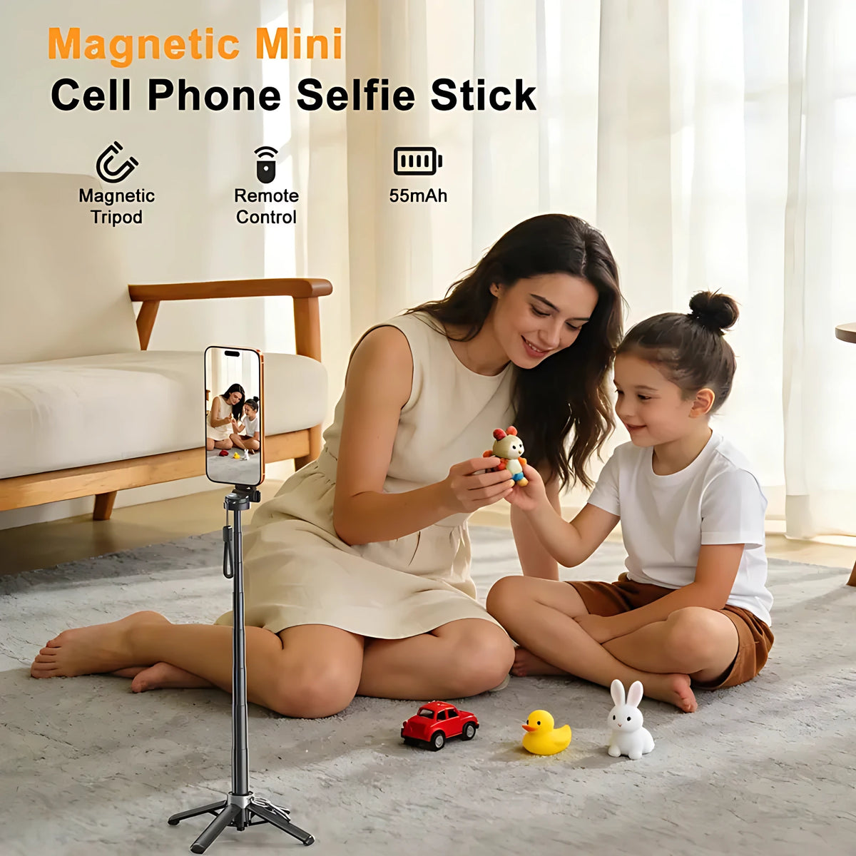 Mother and daughter recording family vlog indoors using floor-standing magnetic mini phone selfie stick tripod.