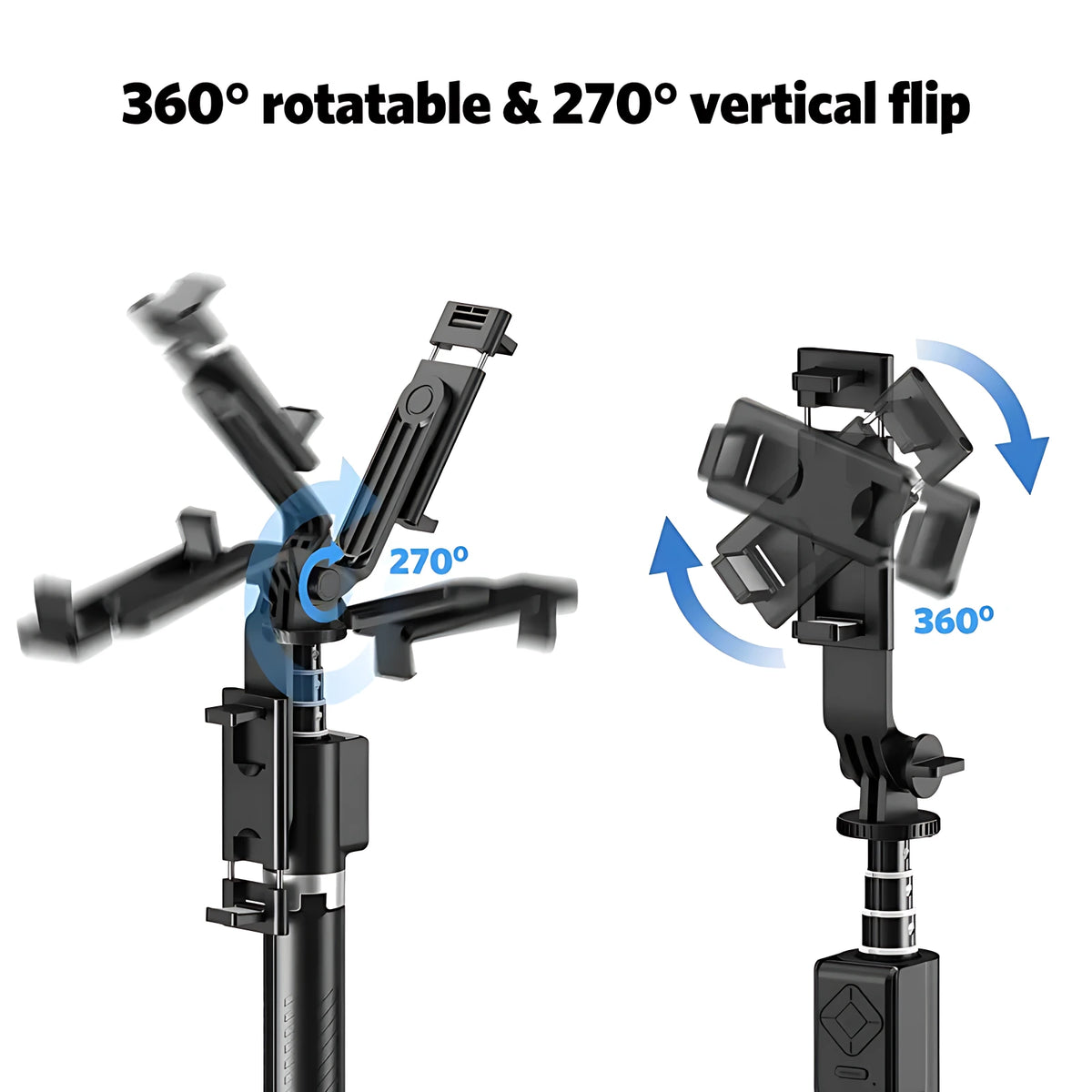 Multi-angle phone holder mount featuring 360-degree rotation and 270-degree vertical flip for horizontal and vertical shooting.