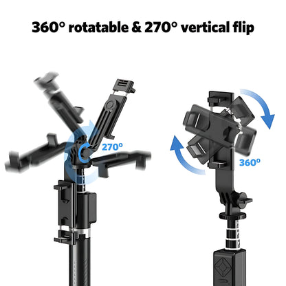 Multi-angle phone holder mount featuring 360-degree rotation and 270-degree vertical flip for horizontal and vertical shooting.