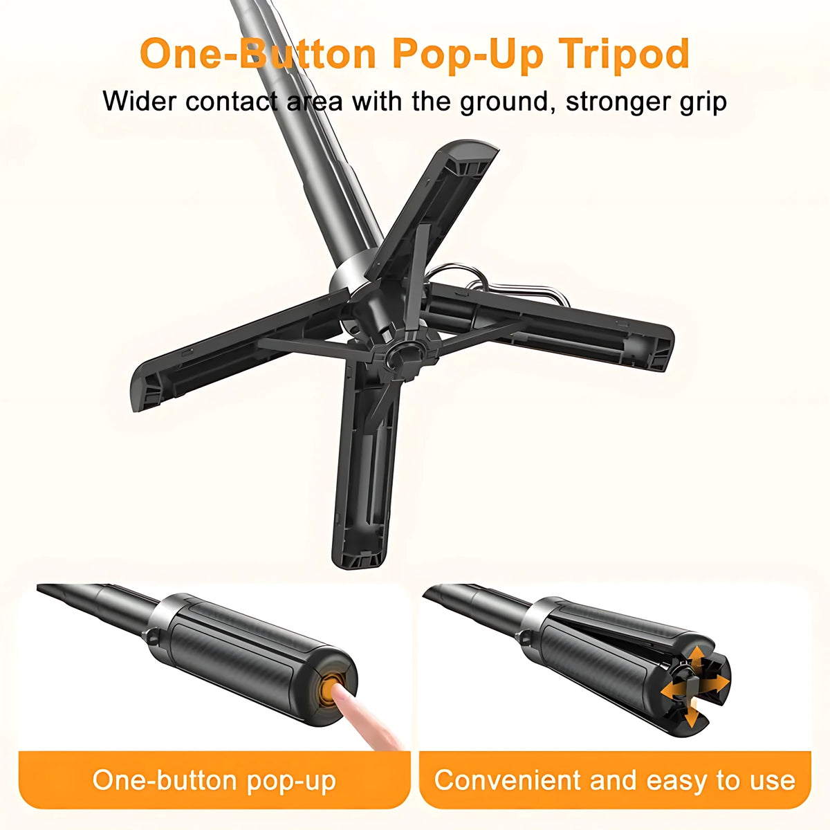 One-button pop-up tripod base with reinforced legs providing maximum ground stability for phone selfie stick.