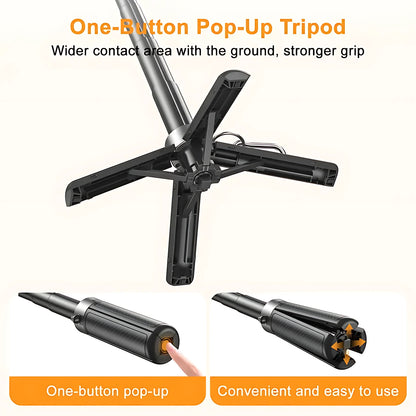 One-button pop-up tripod base with reinforced legs providing maximum ground stability for phone selfie stick.