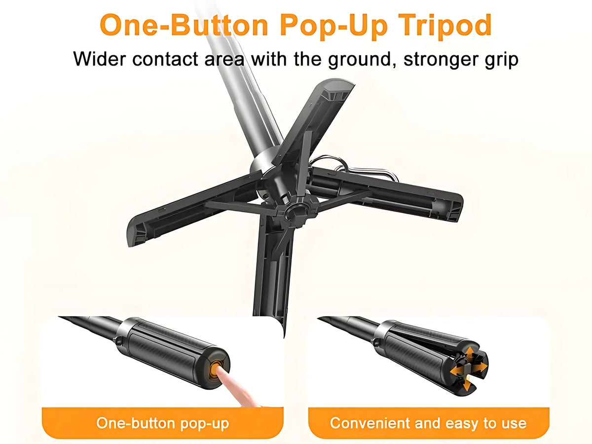 One-button pop-up tripod base with wide ground contact area providing stability for cell phone selfie stick.