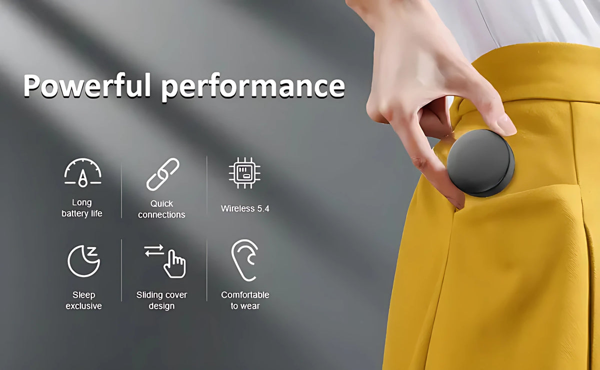 Person putting ultra-compact pocket-sized wireless earbud charging case into pants pocket showcasing portable travel design.