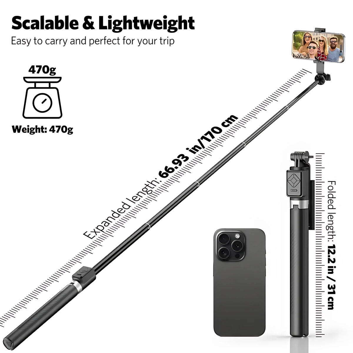 Scalable and lightweight travel phone tripod expanding up to 66.93 inches (170cm) and folding down to 12.2 inches.