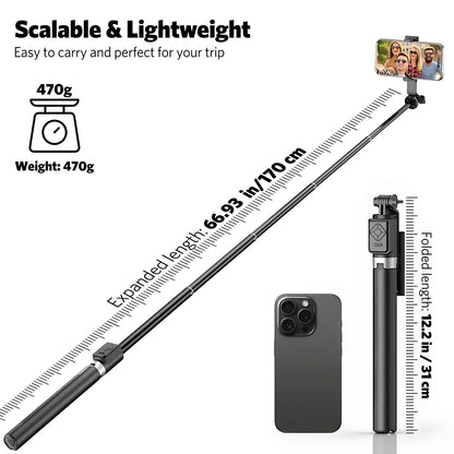 Scalable and lightweight travel phone tripod expanding up to 66.93 inches (170cm) and folding down to 12.2 inches.