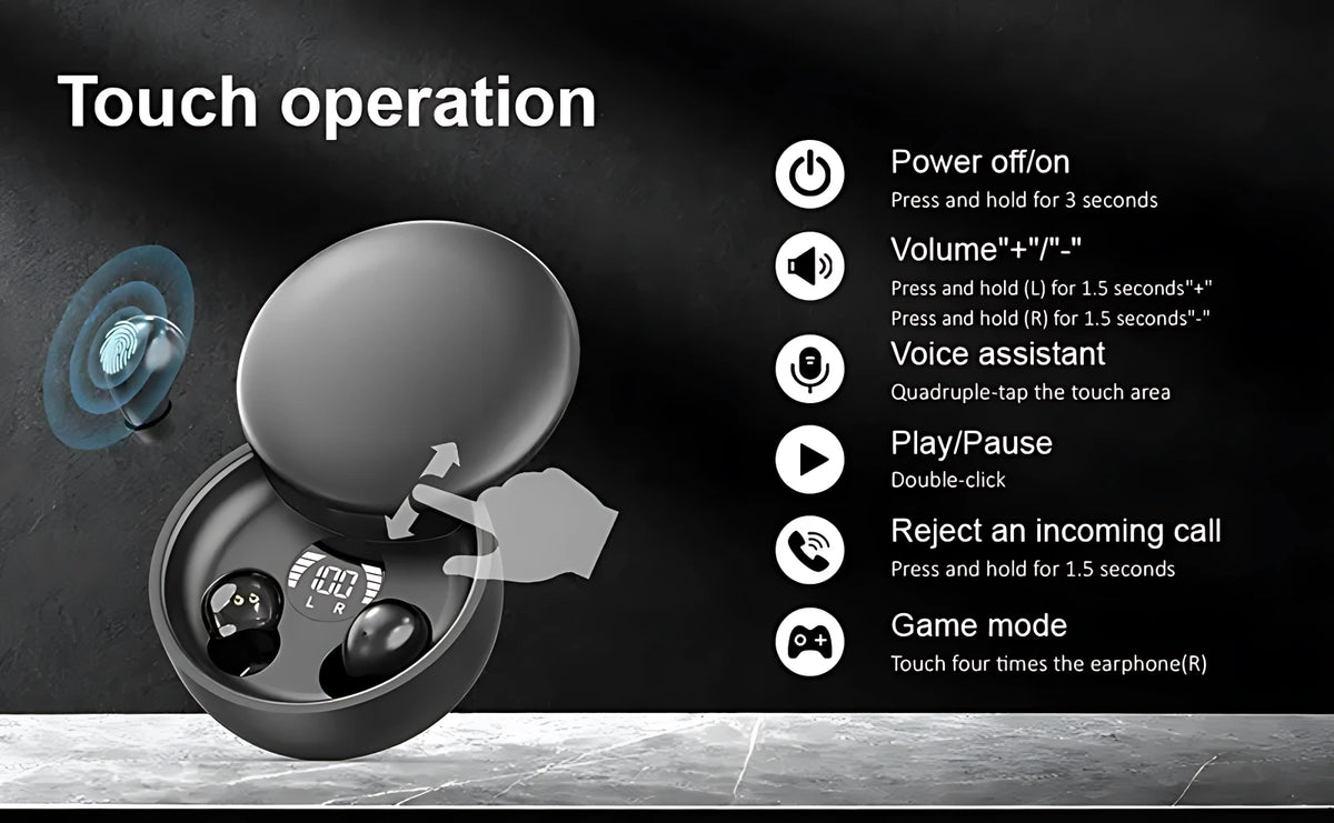 Smart touch control operation diagram for mini invisible sleep earbuds showing music playback, volume control, and hands-free call functions.