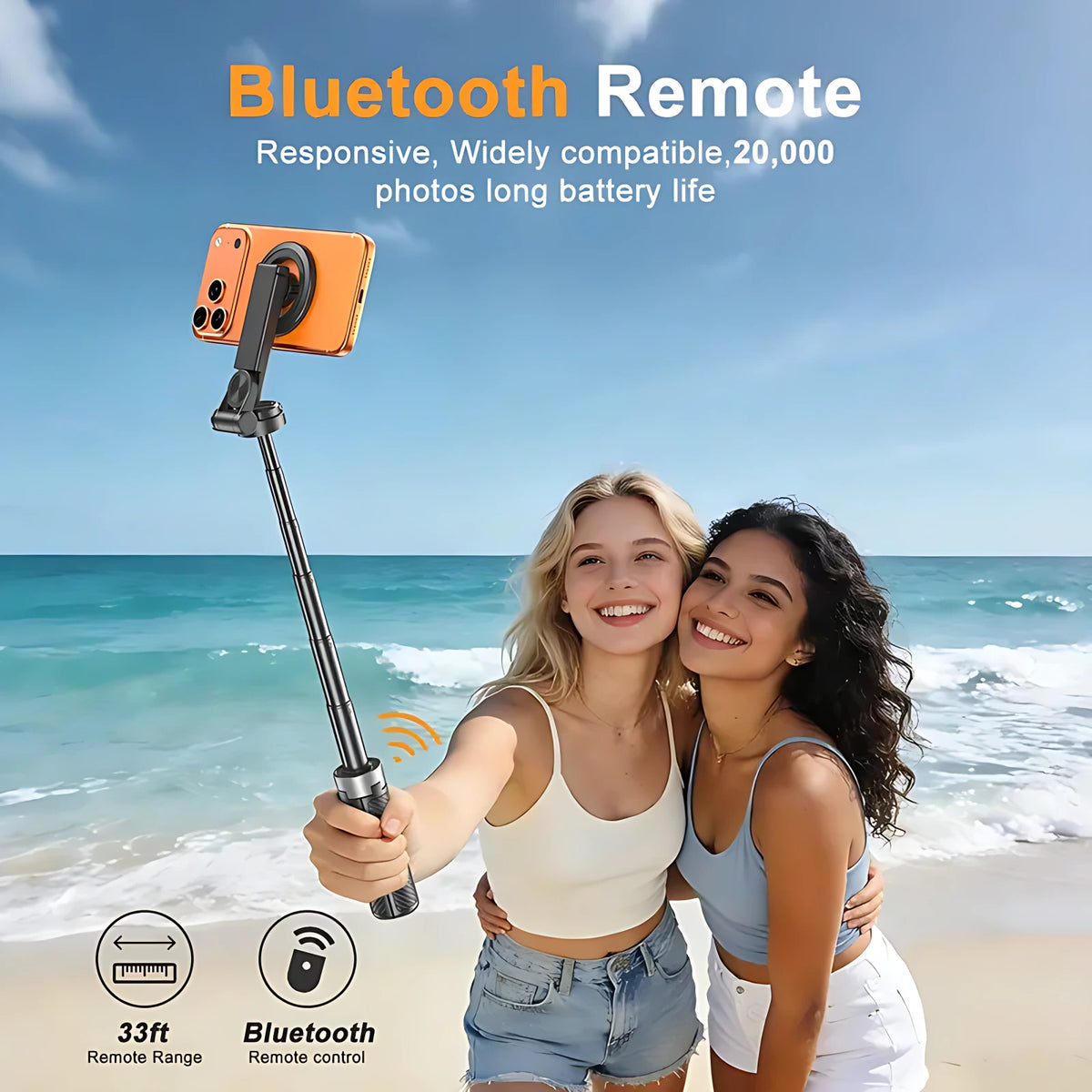 Two friends taking beach selfie outdoors using magnetic selfie stick with wireless Bluetooth remote control.