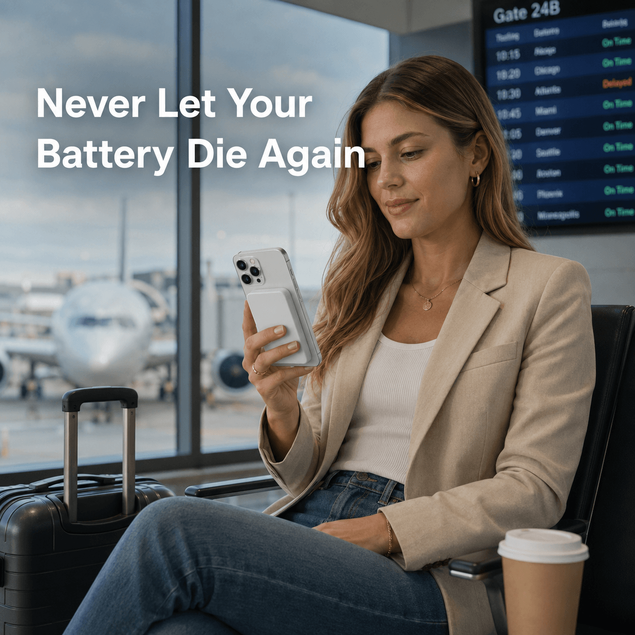 Ultra-Slim MagSafe Power Bank for iPhone at Airport Travel Scene