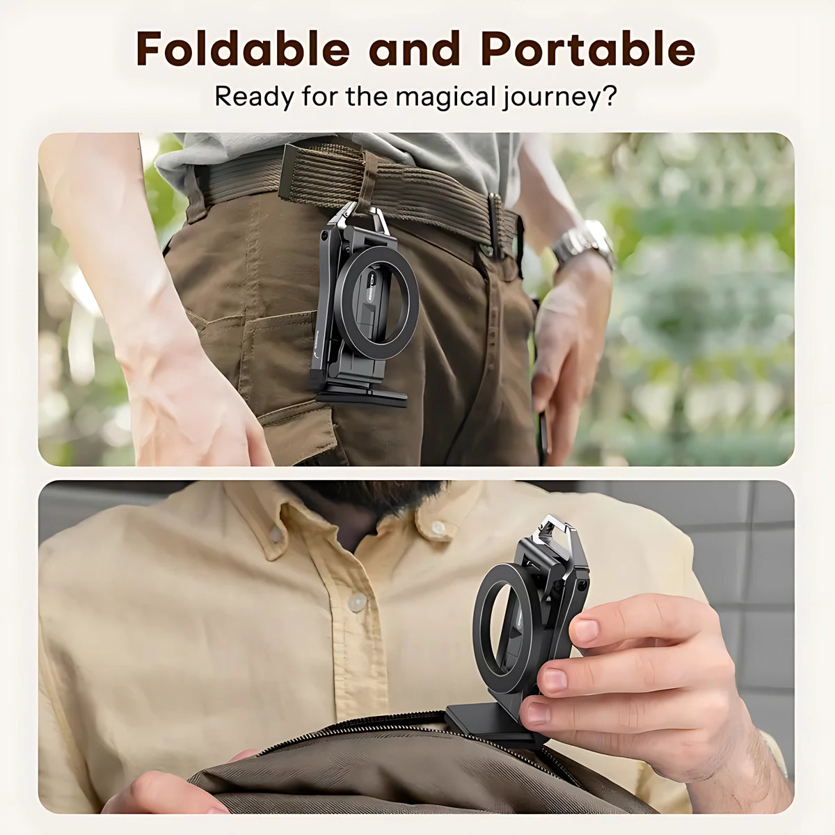 Ultra-compact foldable magnetic travel phone holder clipped to belt and easily stored in pocket or bag.
