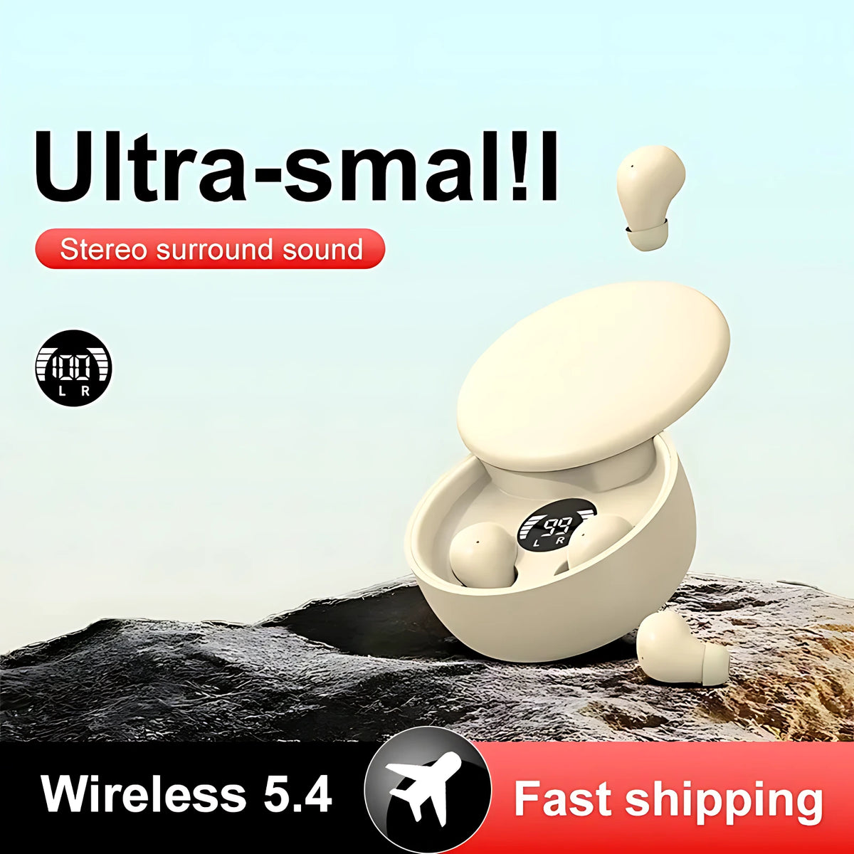 Ultra-small Bluetooth 5.4 wireless earbuds in beige charging case providing immersive stereo surround sound.