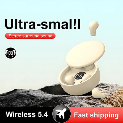 Ultra-small Bluetooth 5.4 wireless earbuds in beige charging case providing immersive stereo surround sound.