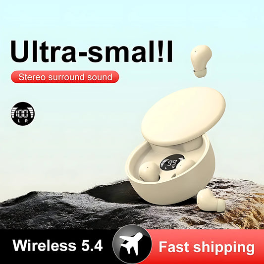 Ultra-small Bluetooth 5.4 wireless earbuds in beige charging case providing immersive stereo surround sound.