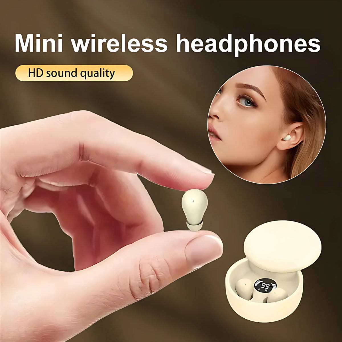 Ultra mini wireless invisible earbud held in hand showing compact noise-isolating design for small ears and sleeping.
