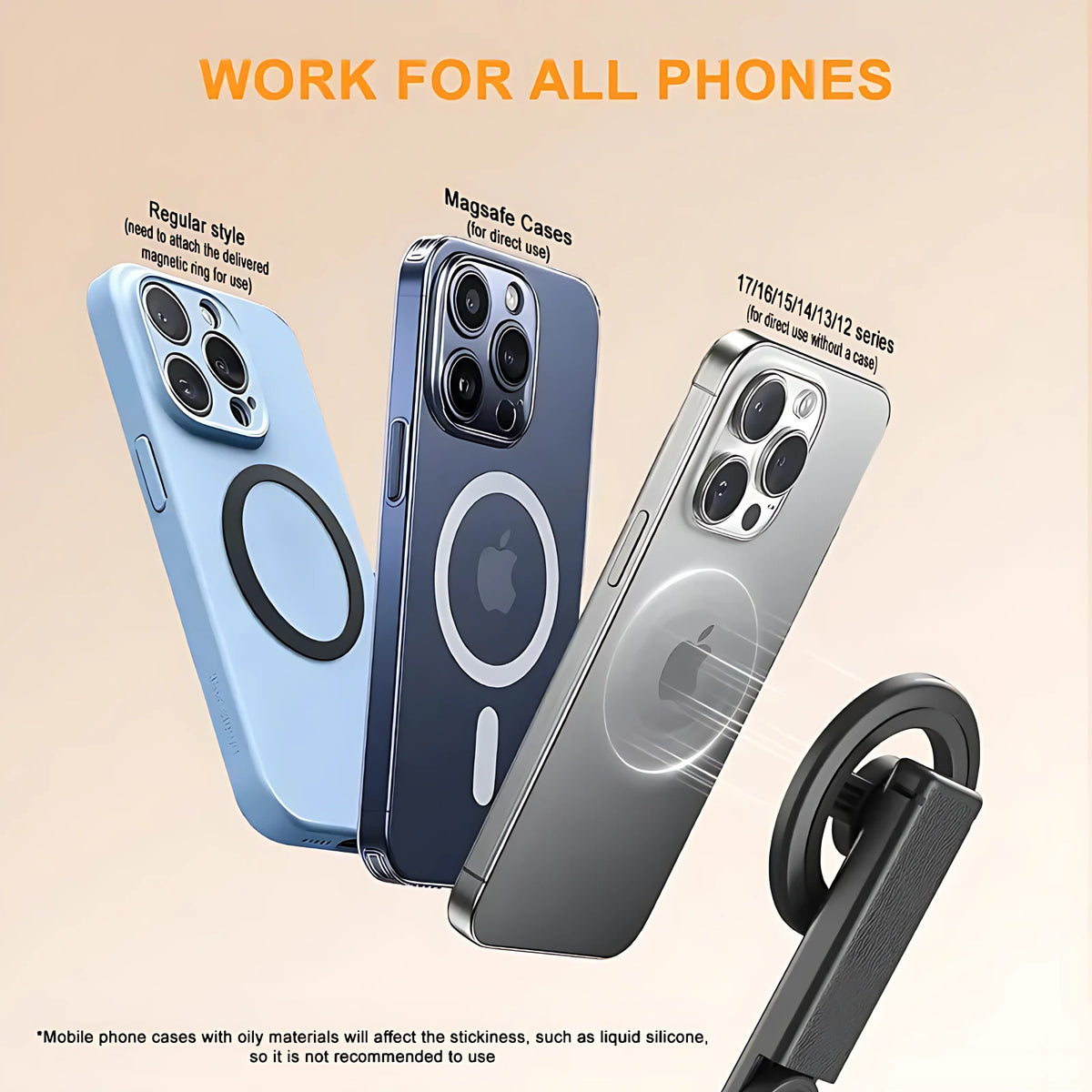 Universal magnetic phone mount compatible with all iPhone models and MagSafe cases for seamless snapping.
