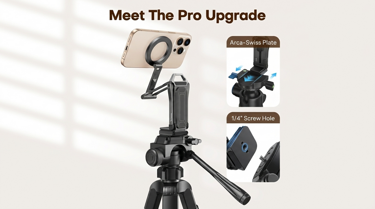 Upgraded MagSafe phone tripod stand with extended height legs and flexible ball head mount for professional vlogging.