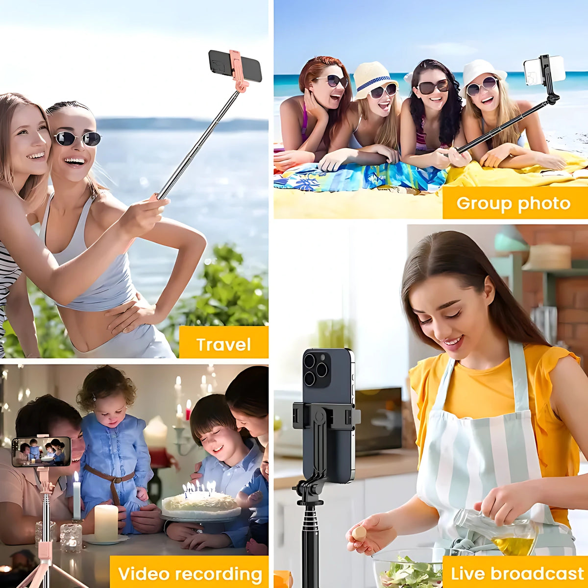 Versatile cell phone tripod used in various scenarios including beach group photos, cooking vlogs, and live streaming.