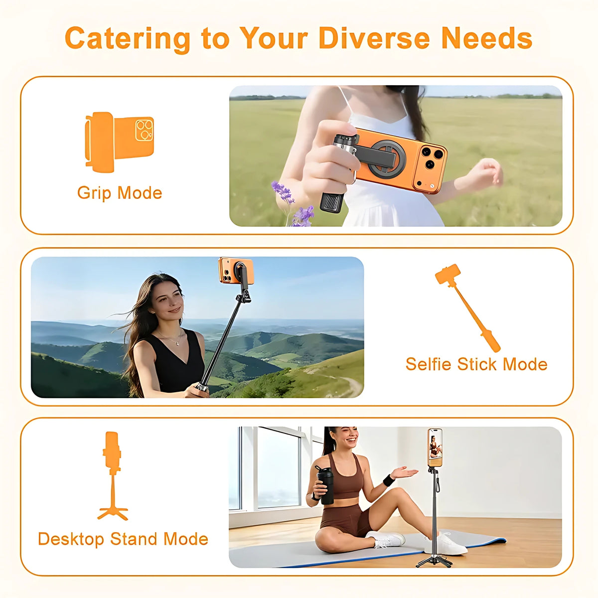 Versatile magnetic phone accessory displaying camera grip mode, selfie stick mode, and desktop stand mode for various needs.