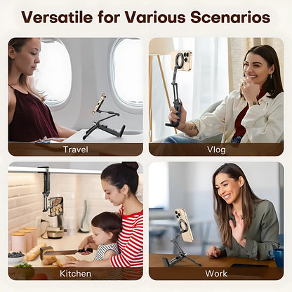 Versatile magnetic phone stand used in multiple scenarios including travel flights, cooking in kitchen, vlogging, and remote work.