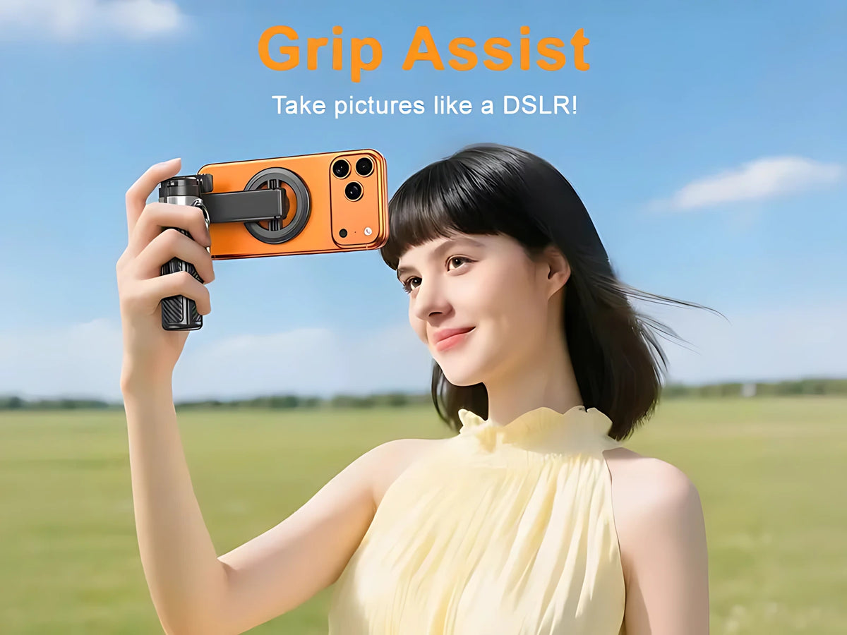 Woman holding smartphone horizontally like a professional DSLR camera using ergonomic camera handle grip.