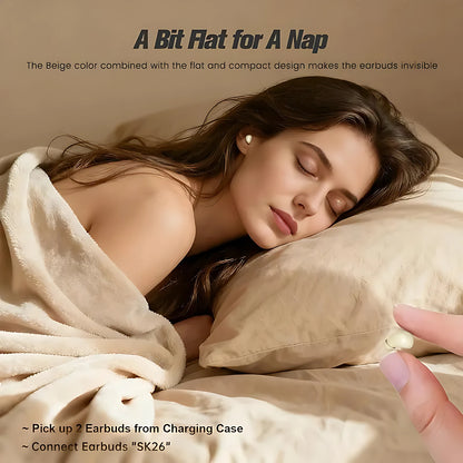 Woman side sleeping comfortably in bed wearing invisible sleep earbuds designed flat for zero pressure on pillows.