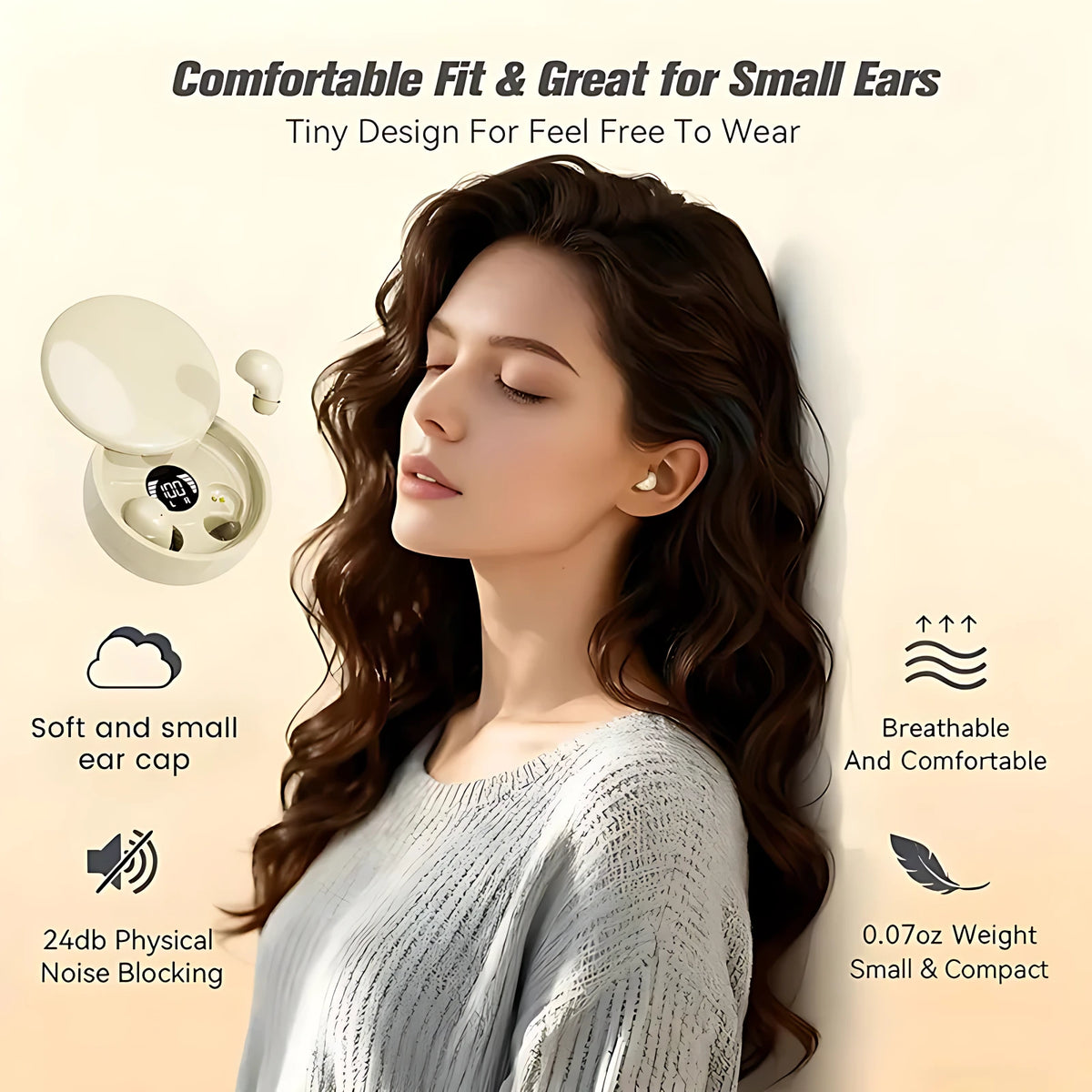 Woman wearing ultra-lightweight invisible sleep earbuds featuring ergonomic painless fit for small ear canals.