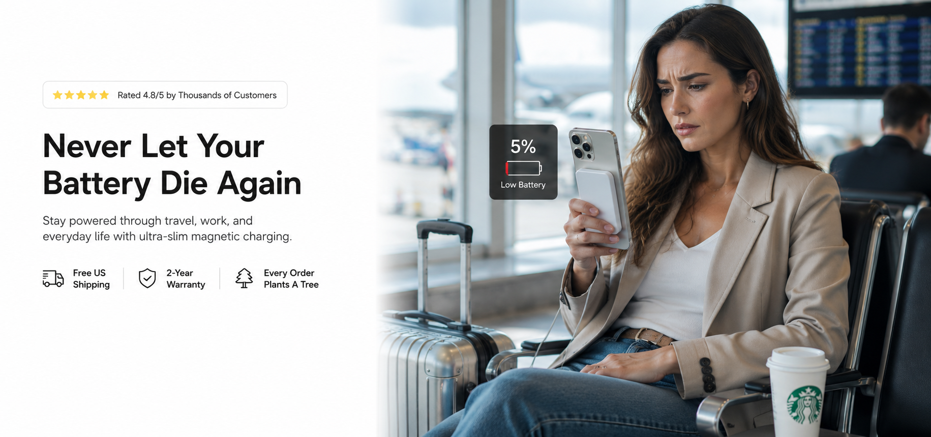 Confident American businesswoman waiting at modern airport departure gate, holding iPhone with ultra-slim MagSafe magnetic power bank attached, low battery displayed, premium lifestyle travel scene, airport terminal with boarding gate and flight info screens, natural business casual outfit, cinematic lighting, Apple commercial style.