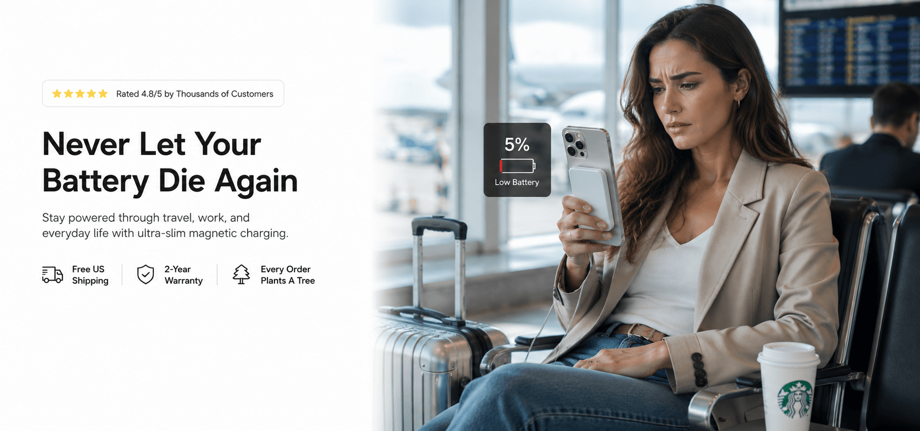 Confident American businesswoman waiting at modern airport departure gate, holding iPhone with ultra-slim MagSafe magnetic power bank attached, low battery displayed, premium lifestyle travel scene, airport terminal with boarding gate and flight info screens, natural business casual outfit, cinematic lighting, Apple commercial style.